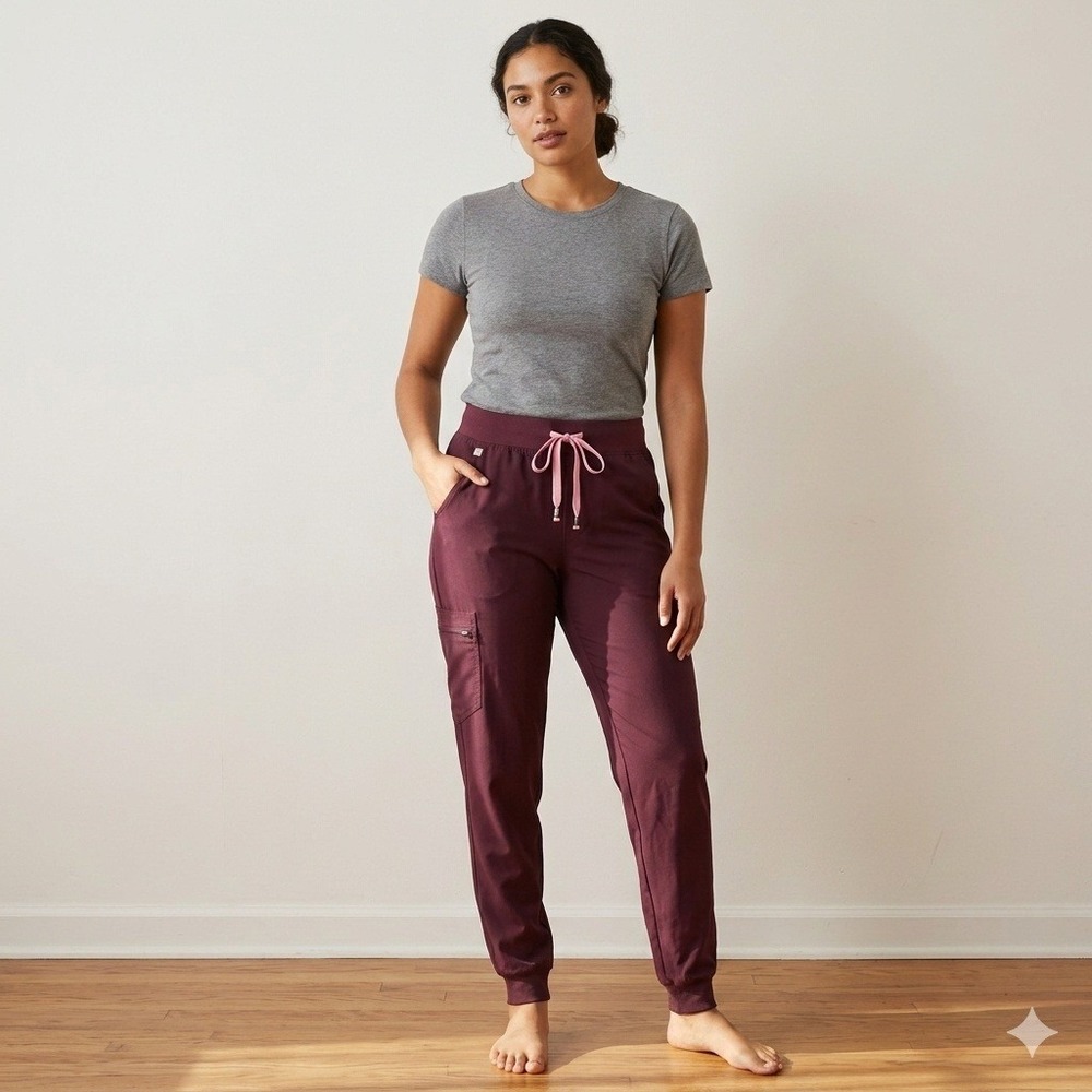 Figs Women's Track Joggers in Burgundy with Pink Drawstring